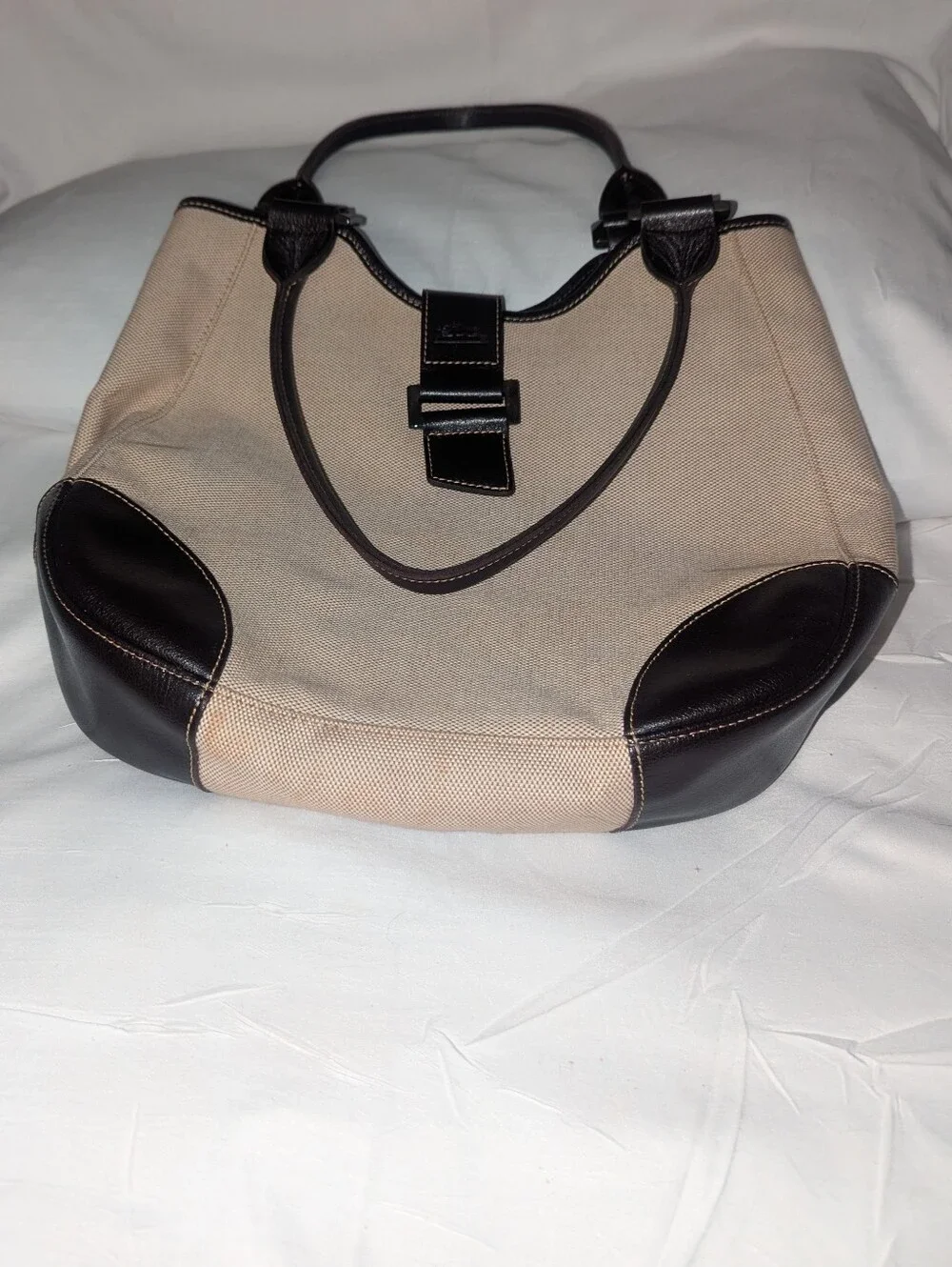 Longchamp Pliage Beige Canvas Tote with Dark Brown Trim Made in France